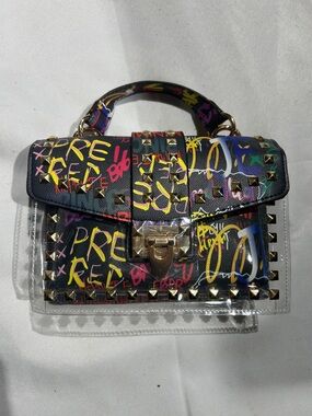 NWOT Clear and Graffiti Crossbody Bag with Studs